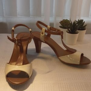 Tahari T-strap cream patent and brown heels size 8